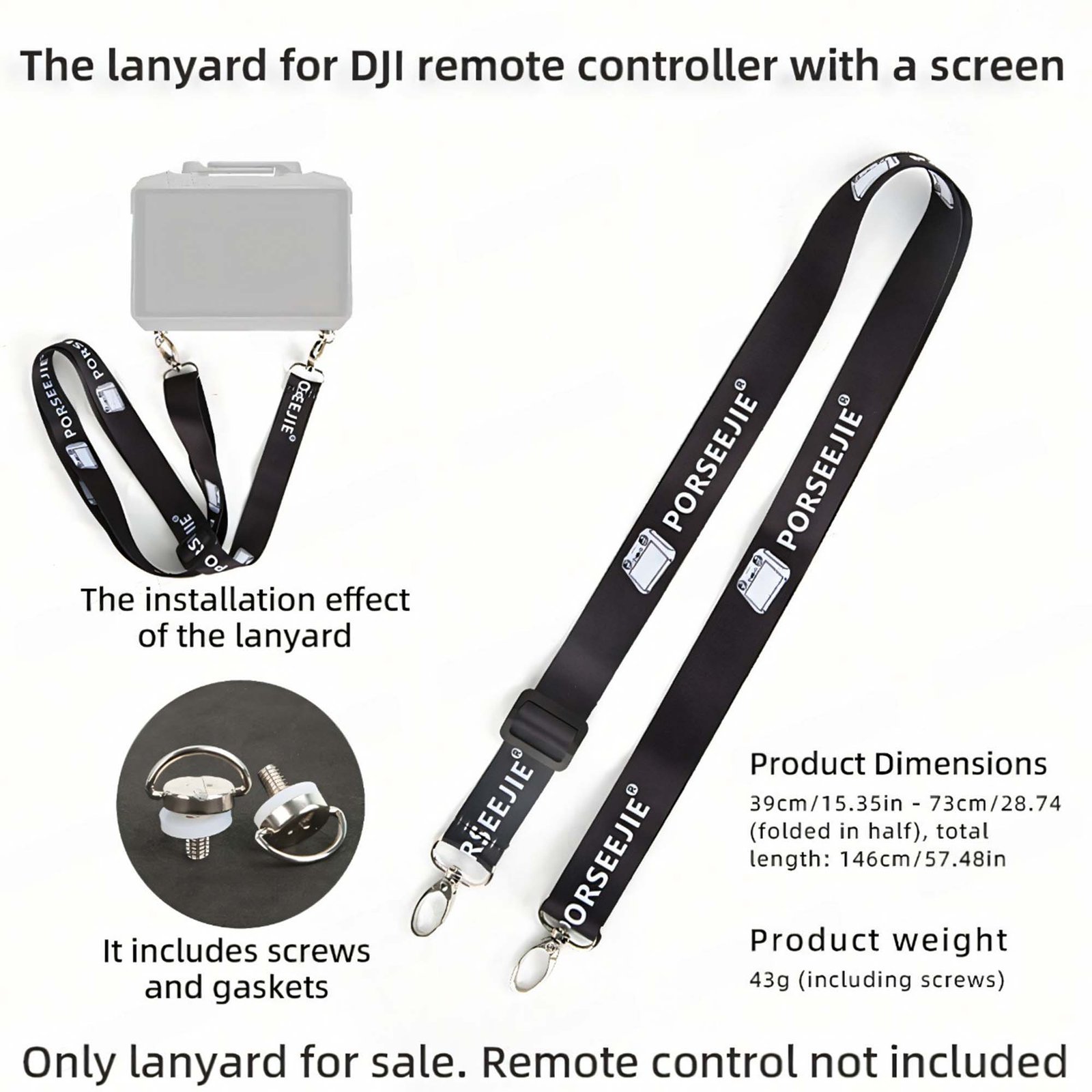BLACKPIXEL Adjustable Neck Lanyard Strap for DJI RC/RC Pro Remote Controllers with Screen – Compatible with Mavic 3, Mini 3 Pro & Air 2S – Includes Screws & Gaskets, Total Length 146 cm