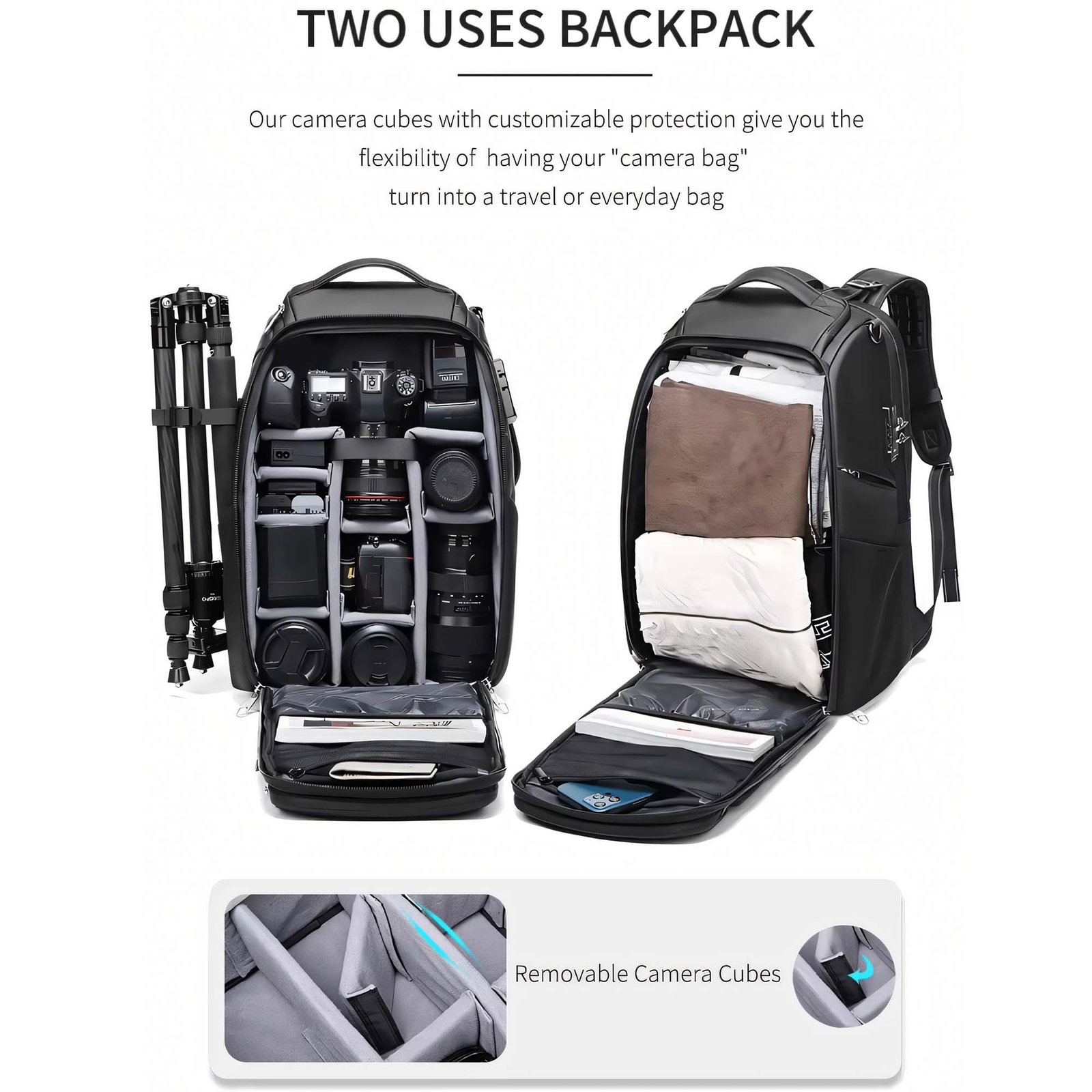 BLACKPIXEL Camera & Laptop Backpack (48x31x22 cm) - Convertible Oxford Camera Bag with Removable Cubes, Fits 17" Laptop, TSA Lock, Tripod Holder - Black