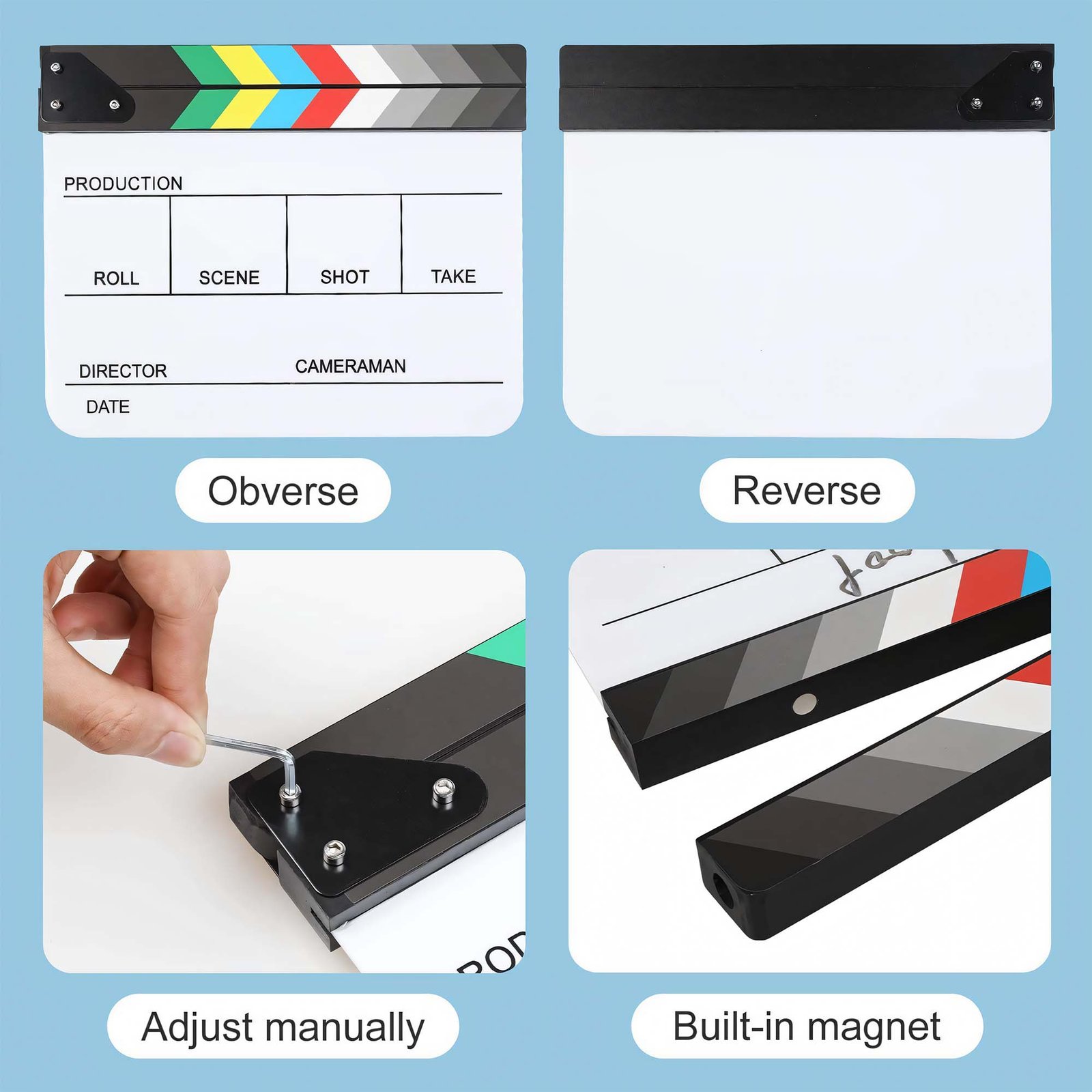 BLACKPIXEL Professional Film Clapboard 30x25 cm | Acrylic Director Slate with Magnetic Color Clapper | Dry Erase Movie Clapper Board with Marker & Eraser | Film Making, YouTube & Video Shoot