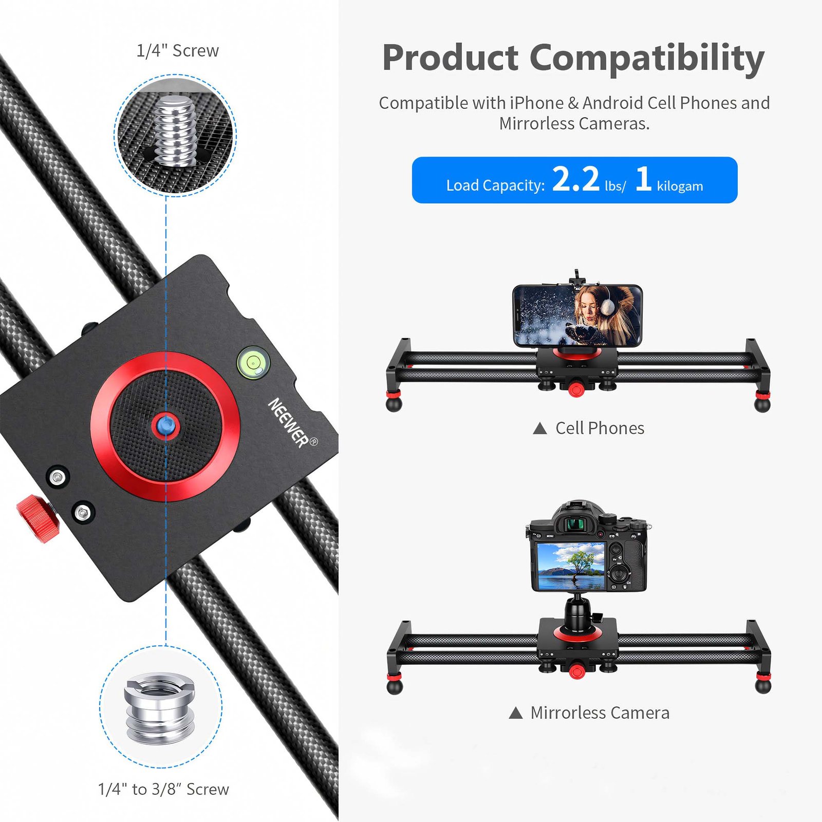 BLACKPIXEL 50 cm Aluminium Camera Slider, 1/4" & 3/8" Threads, Manual Dolly Track Rail, 5 kg Load Capacity, with Carry Bag – Compatible with DSLR, Mirrorless, Smartphones & Action Cameras