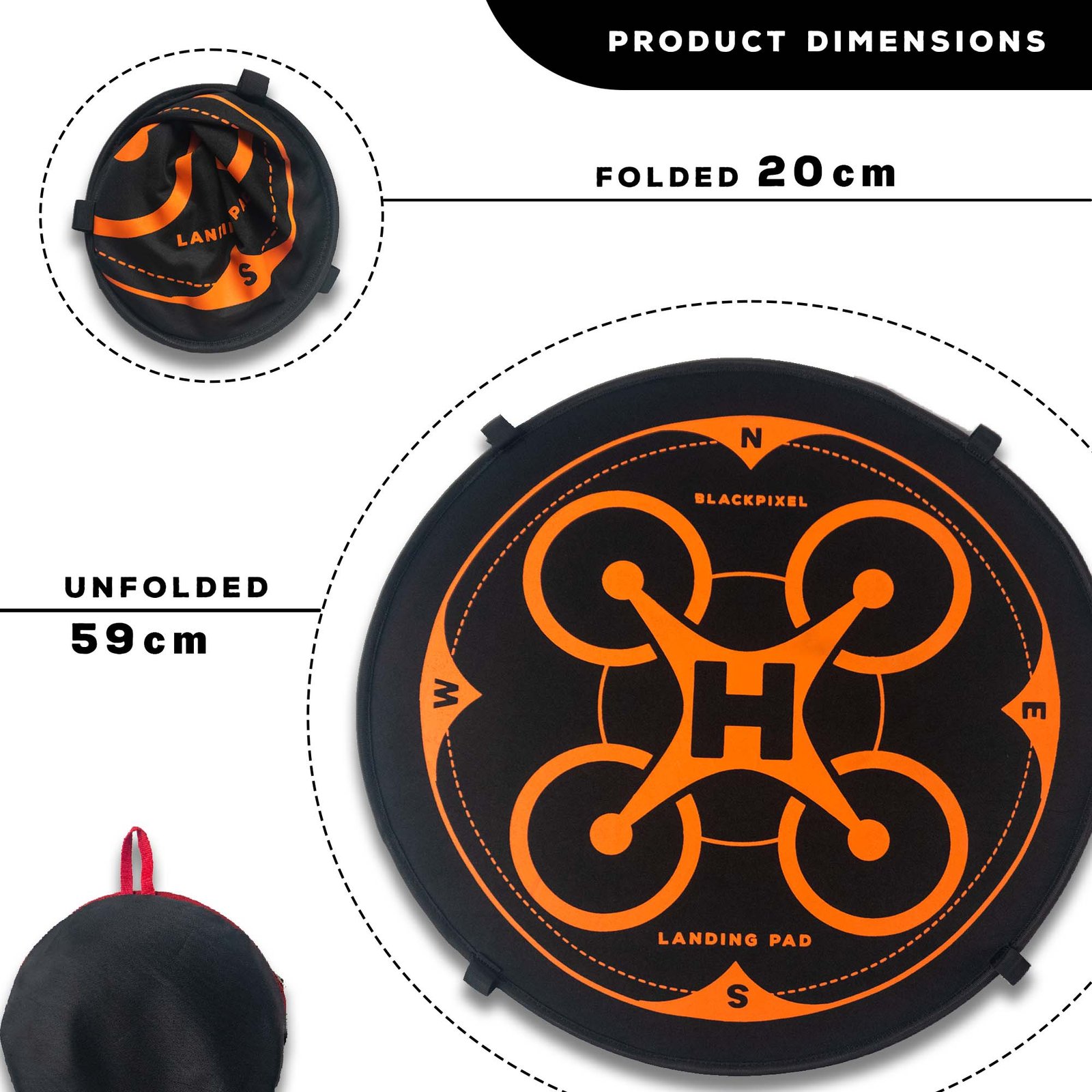 dimi-and-size.jpg BLACKPIXEL Drone Landing Pad, Portable Foldable Helipad with Carrying Case, Orange and Black
