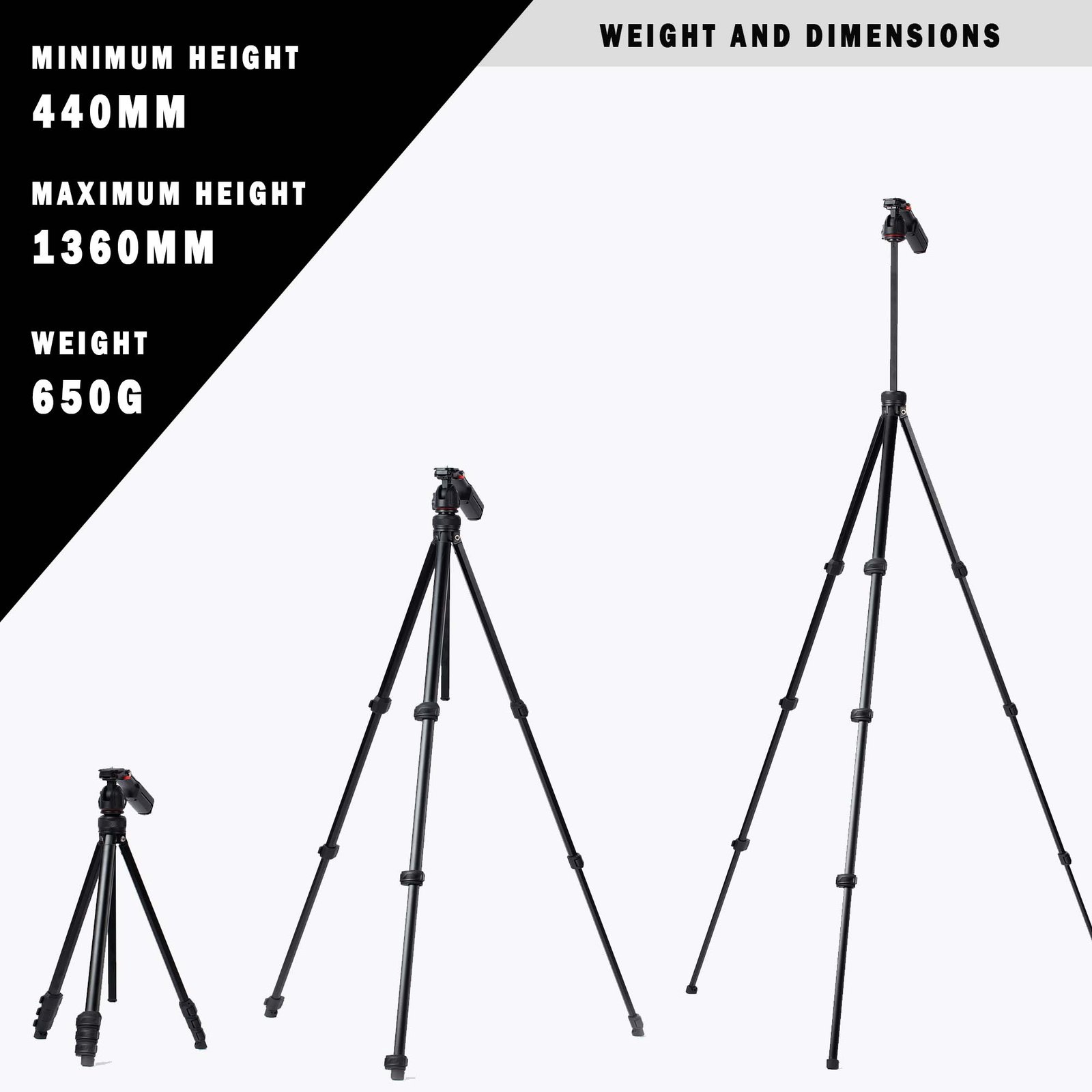 full hieght Goocong O4 Lightweight Camera Tripod, 44-136 cm Height, 650g Weight, Quick-Lock Legs, Dual 1/4" Mount