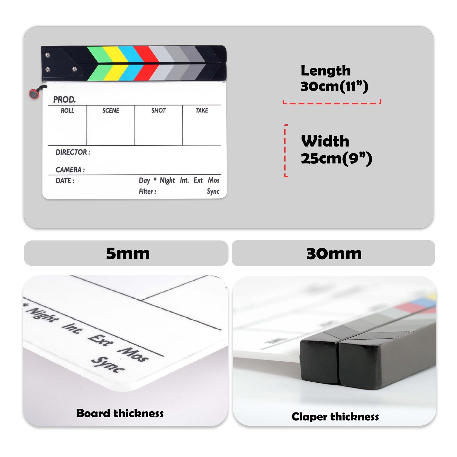 BLACKPIXEL Clapboard pro with anti slip Wristlink strap and 2 marker with eraser for Filmmakers| clapper size (30cm x 25cm) thickness (c 30mm,b 5mm)