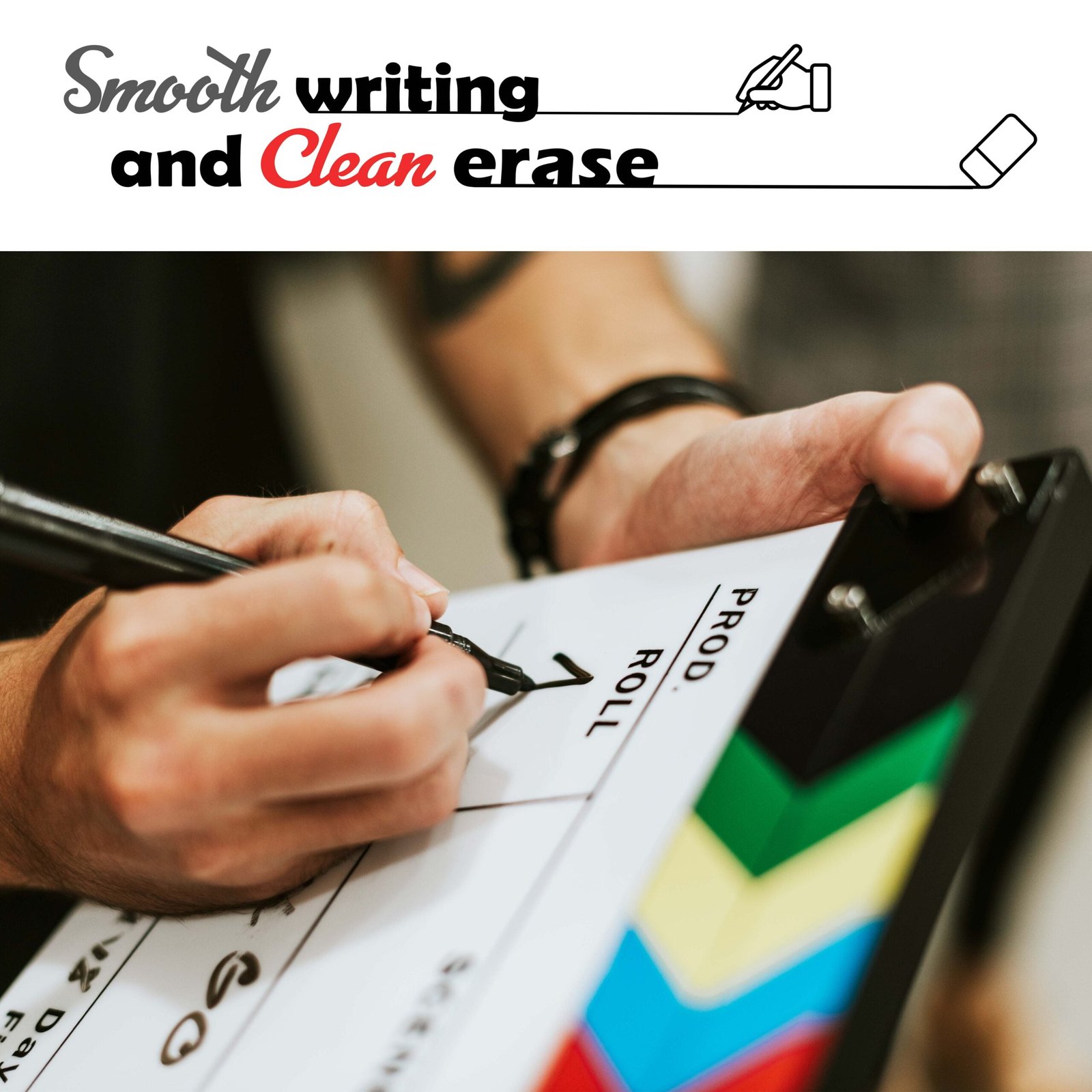 BLACKPIXEL Clapboard pro with anti slip Wristlink strap and 2 marker with eraser for Filmmakers| clapper size (30cm x 25cm) thickness (c 30mm,b 5mm)