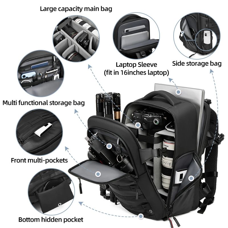 Camera Bag - 16 Inch Laptop Backpack with Detachable Partition, MOLLE System, Breathable Design for Photographers