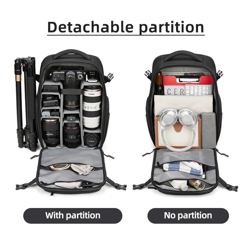 Camera Bag - 16 Inch Laptop Backpack with Detachable Partition, MOLLE System, Breathable Design for Photographers
