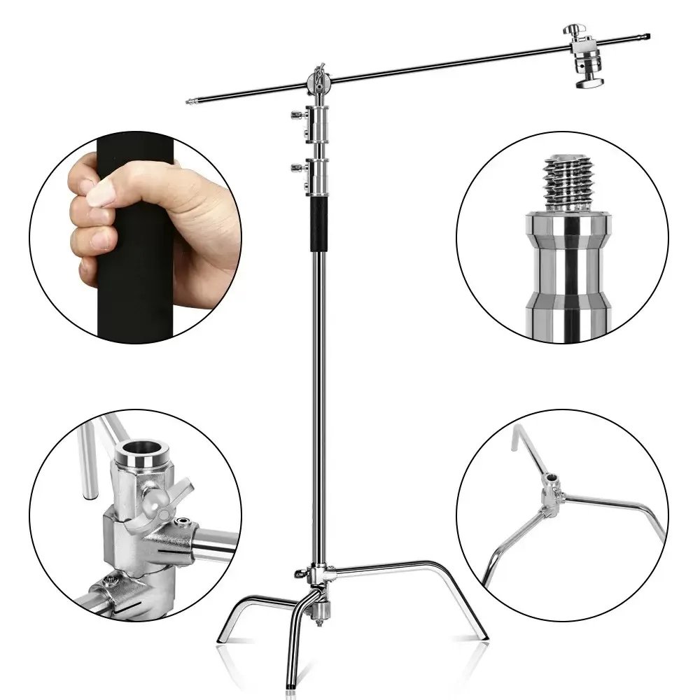3.3M Heavy-Duty Stainless Steel Magic Leg C Stand & Light Stand with Crossbar Grip - Flexible Photography Tripod for Video Camera