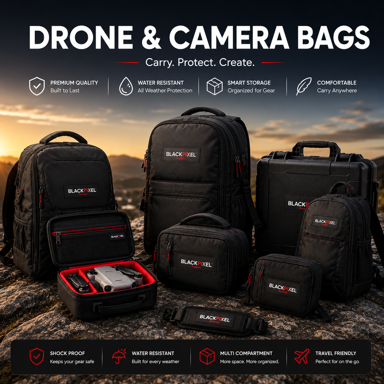 BLACKPIXEL Camera & Laptop Backpack (48x31x22 cm) - Convertible Oxford Camera Bag with Removable Cubes, Fits 17" Laptop, TSA Lock, Tripod Holder - Black